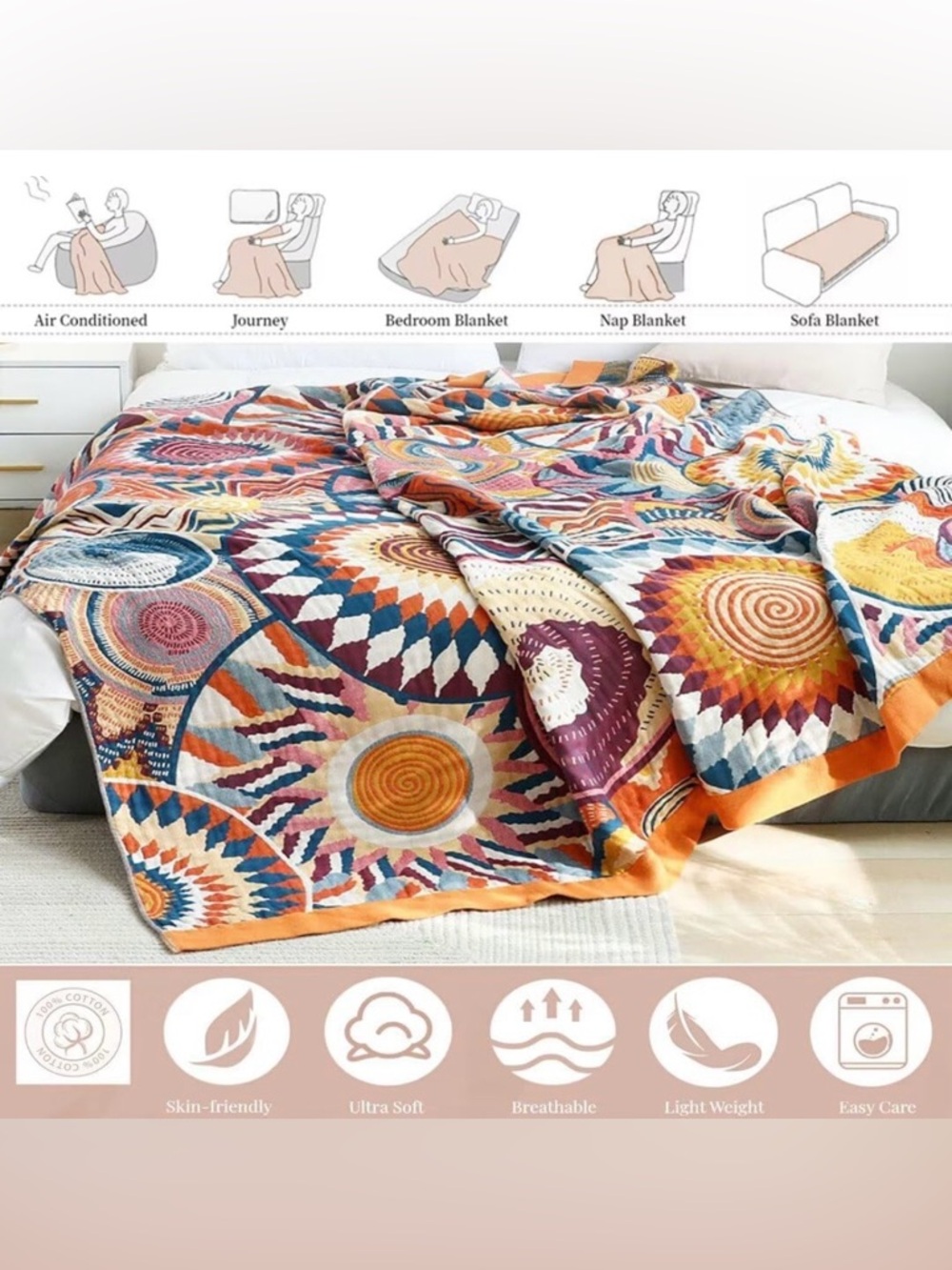 Gorgeous Bohemian 100% Cotton Muslin Geometric COLORFUL Blanket
60x80 inches - Picture 4 of 7